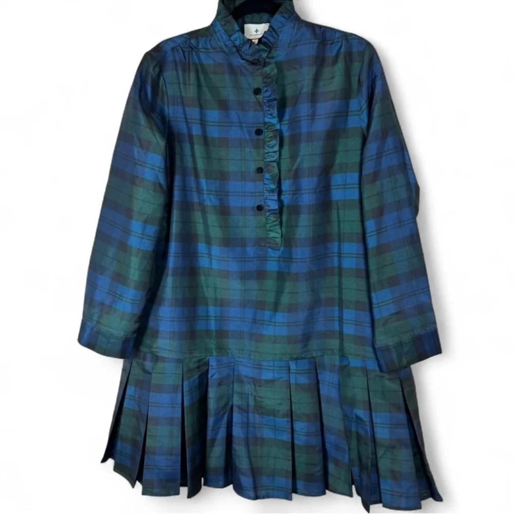 Tuckernuck Green and Blue Plaid Ruffle-Front Long-Sleeve Dress - Picture 4 of 10